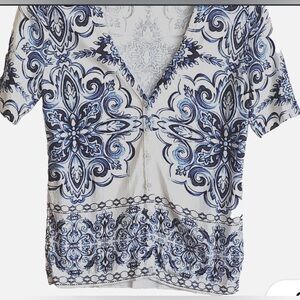 Talbots 3X White Short-Sleeve Button-Front Top with Blue Medallion Print